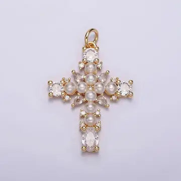 Pendant - Cross - Pearl - Cz - 16K Gold Filled