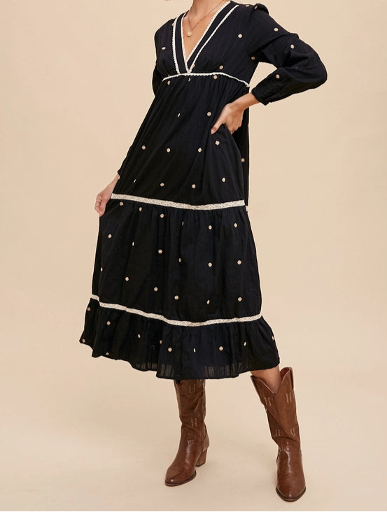 Flower Embroidered Black Midi Dress
