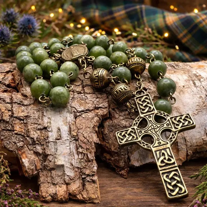 Rosary - Celtic Cross - Green Jade