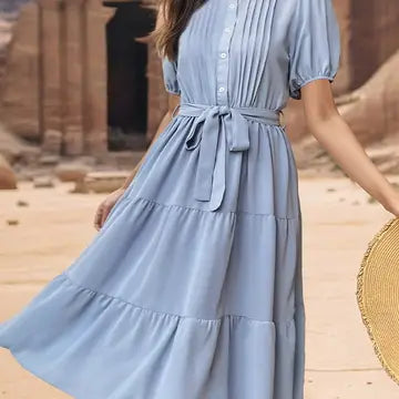 Short Sleeved Blue Midi Dress with Buttons