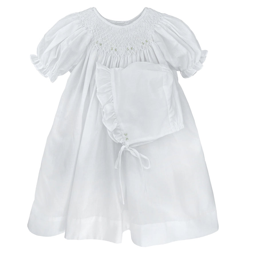 Smocked Daygown with Flower Detailing & Matching Bonnett - 3 Months