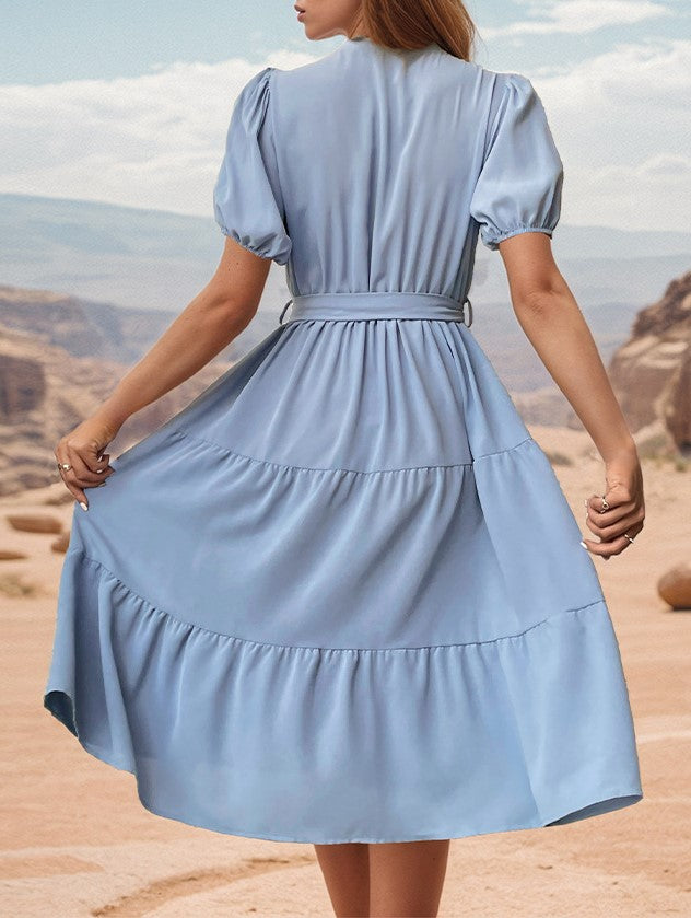 Short Sleeved Blue Midi Dress with Buttons