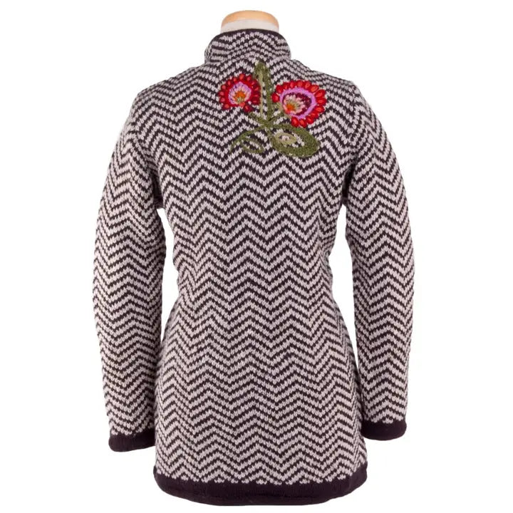 Wool Knit Coat - Black/White Chevron with Hand-Embroidered Wool Flowers