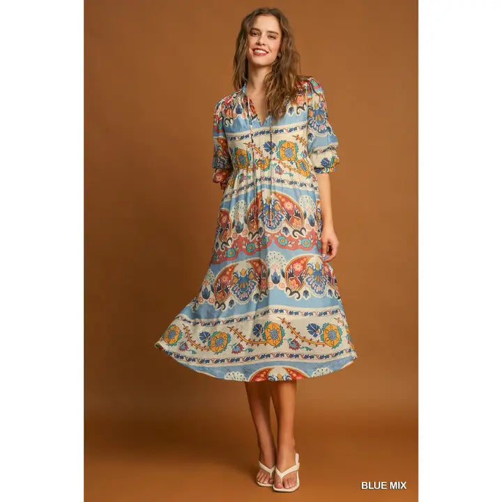 Boarder Print A Line Tiered Midi Dress with Front Tie