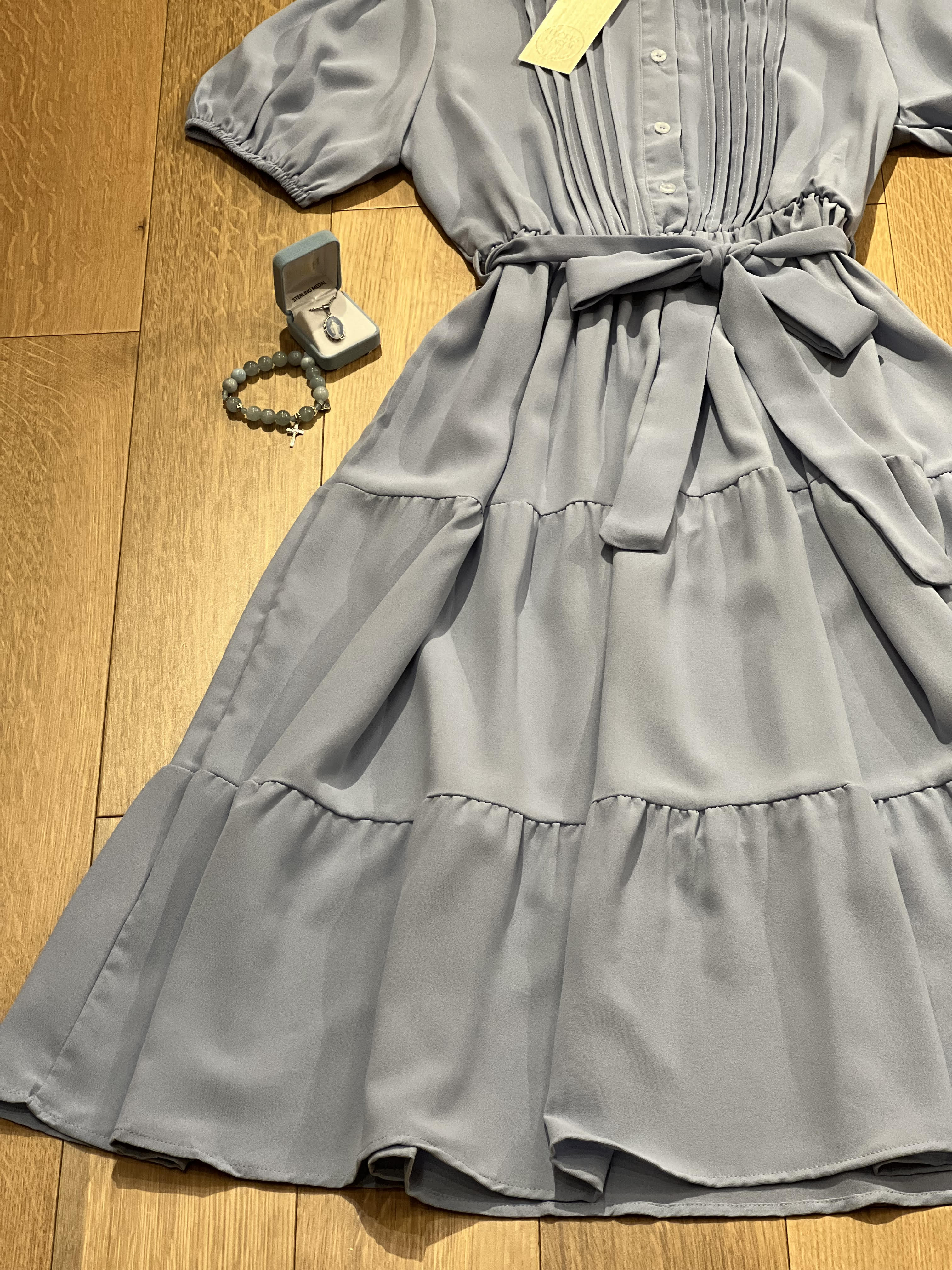 Short Sleeved Blue Midi Dress with Buttons