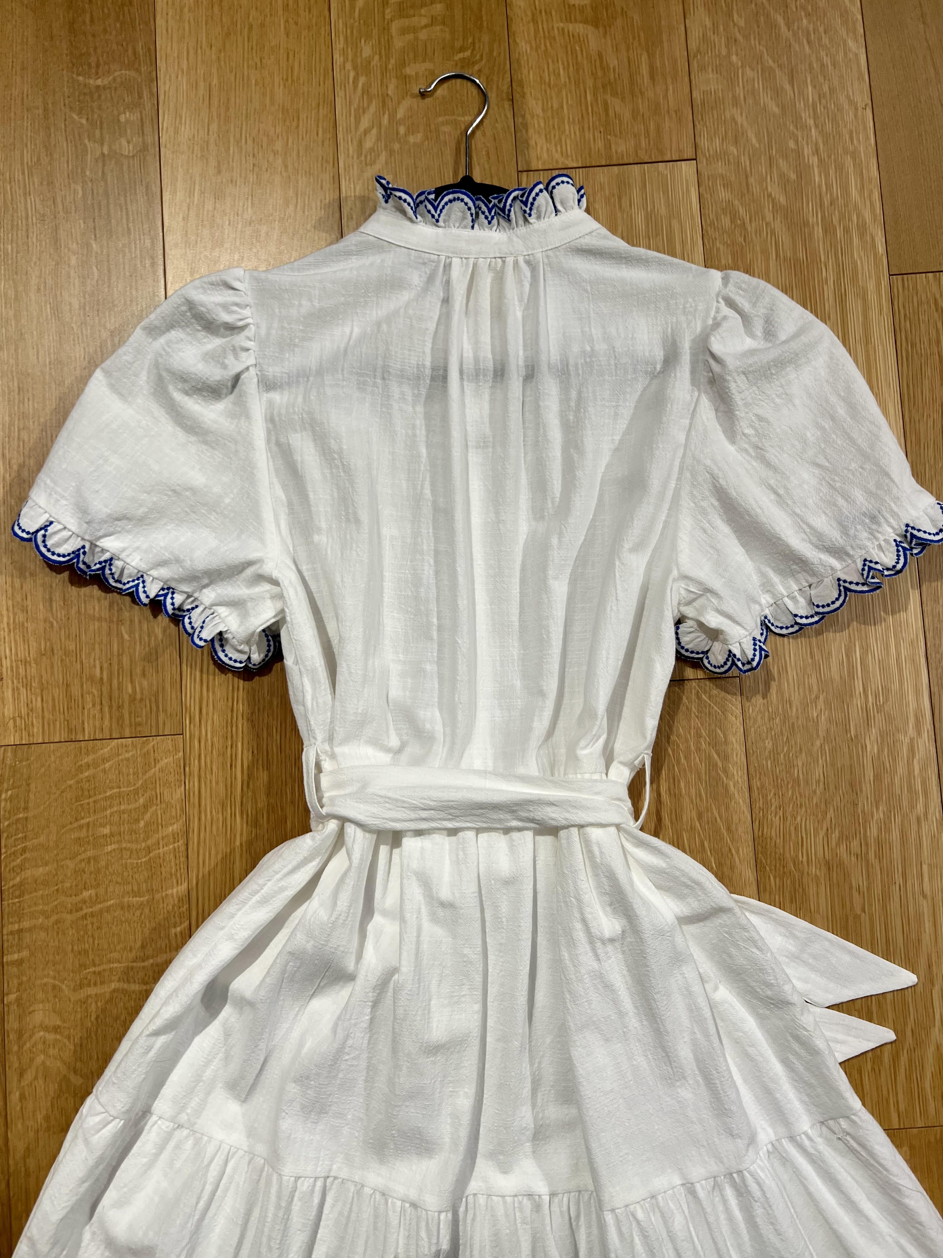 Off White Scalloped Ruffle Midi Dress with Belt Tie