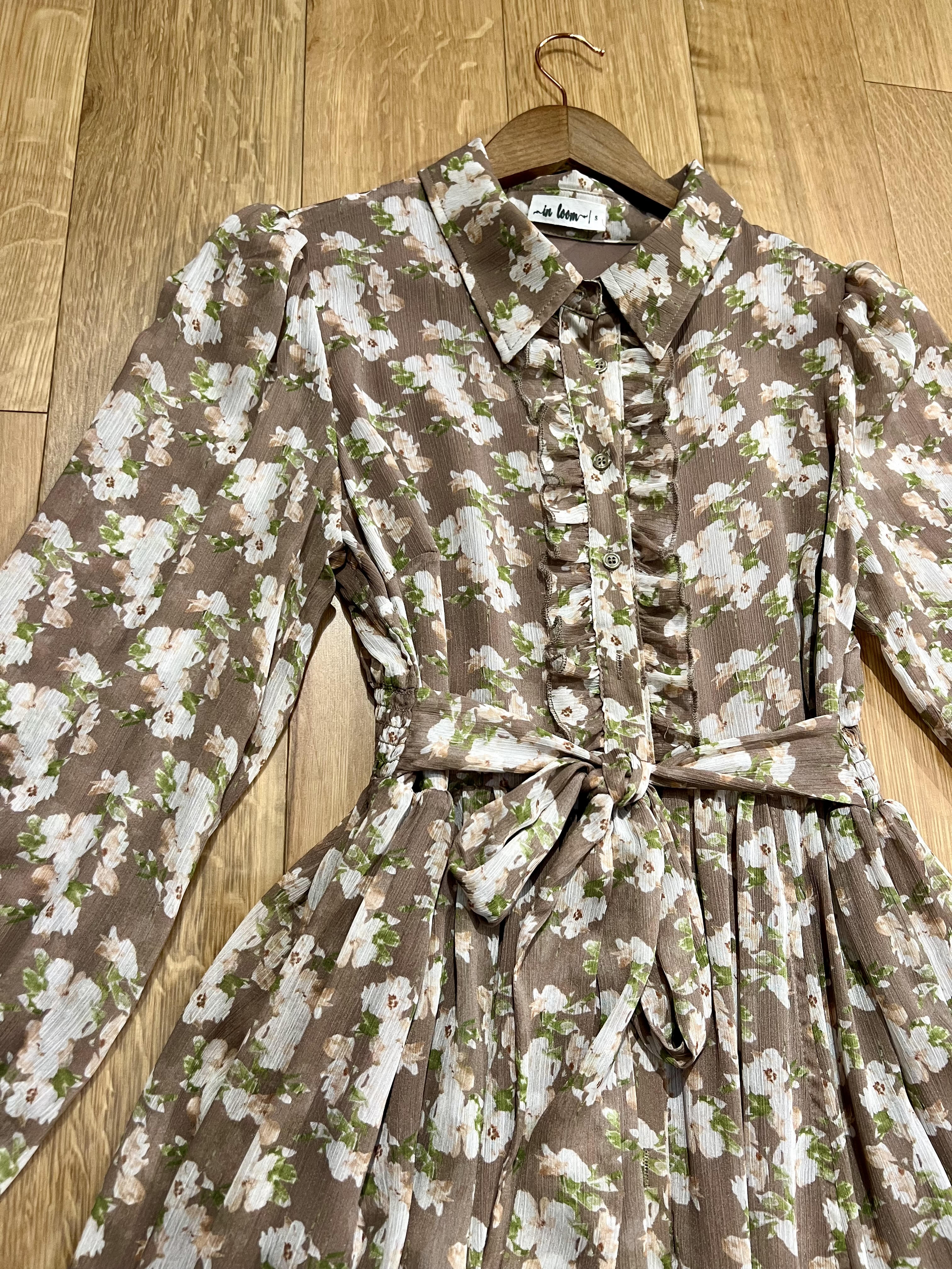 Taupe Floral Button Down Maxi Chiffon Dress