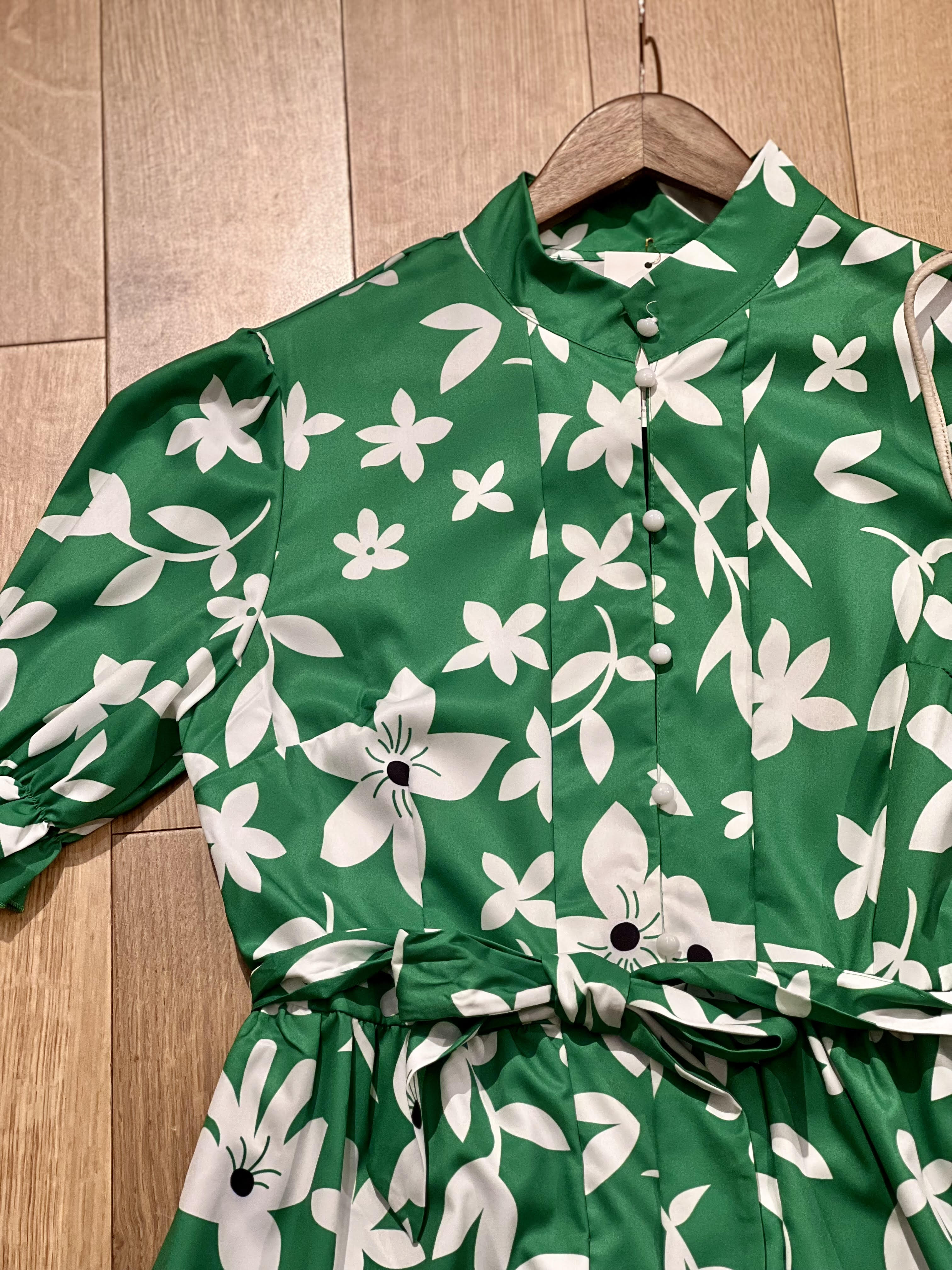Floral Green and White Puffed Sleeve Dress