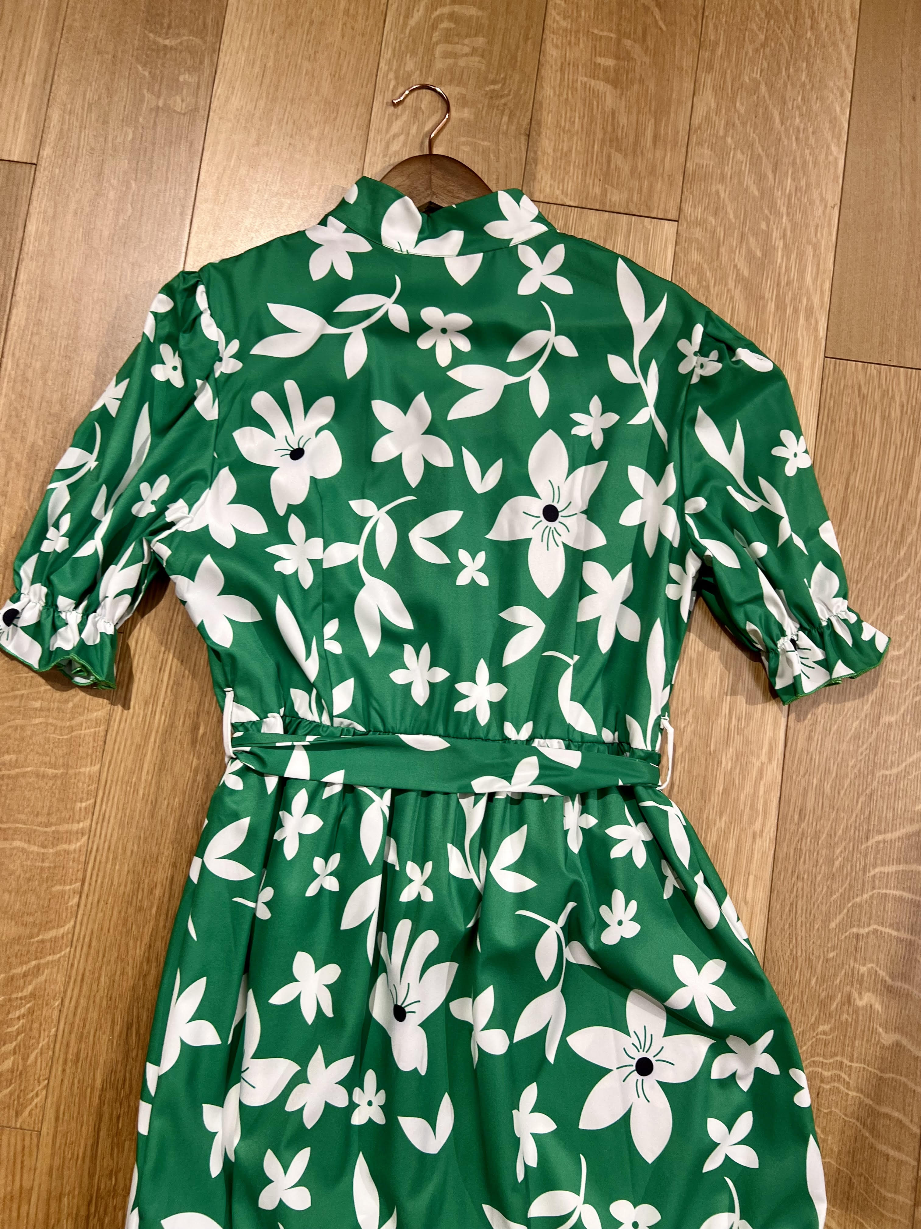 Floral Green and White Puffed Sleeve Dress