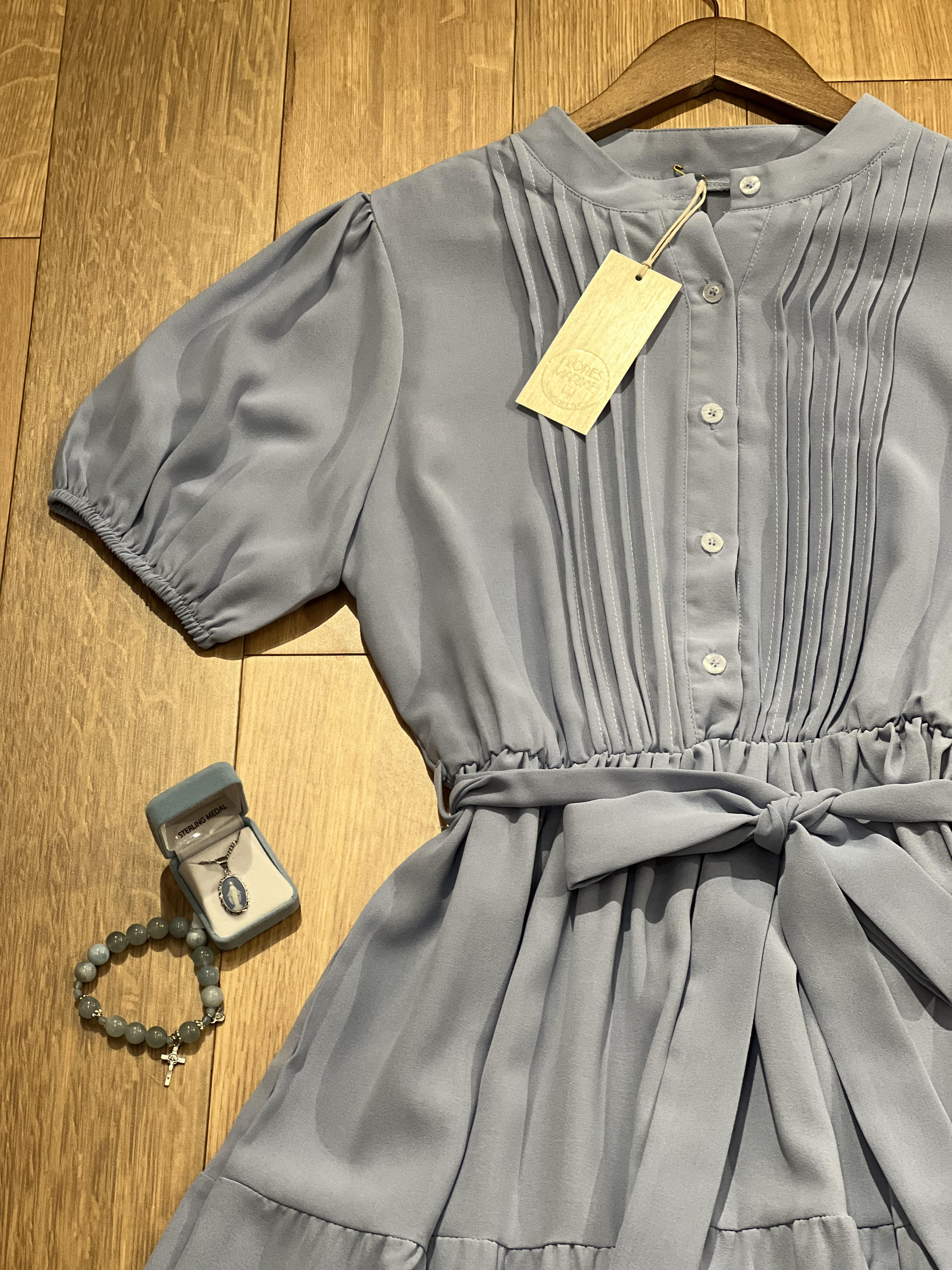 Short Sleeved Blue Midi Dress with Buttons