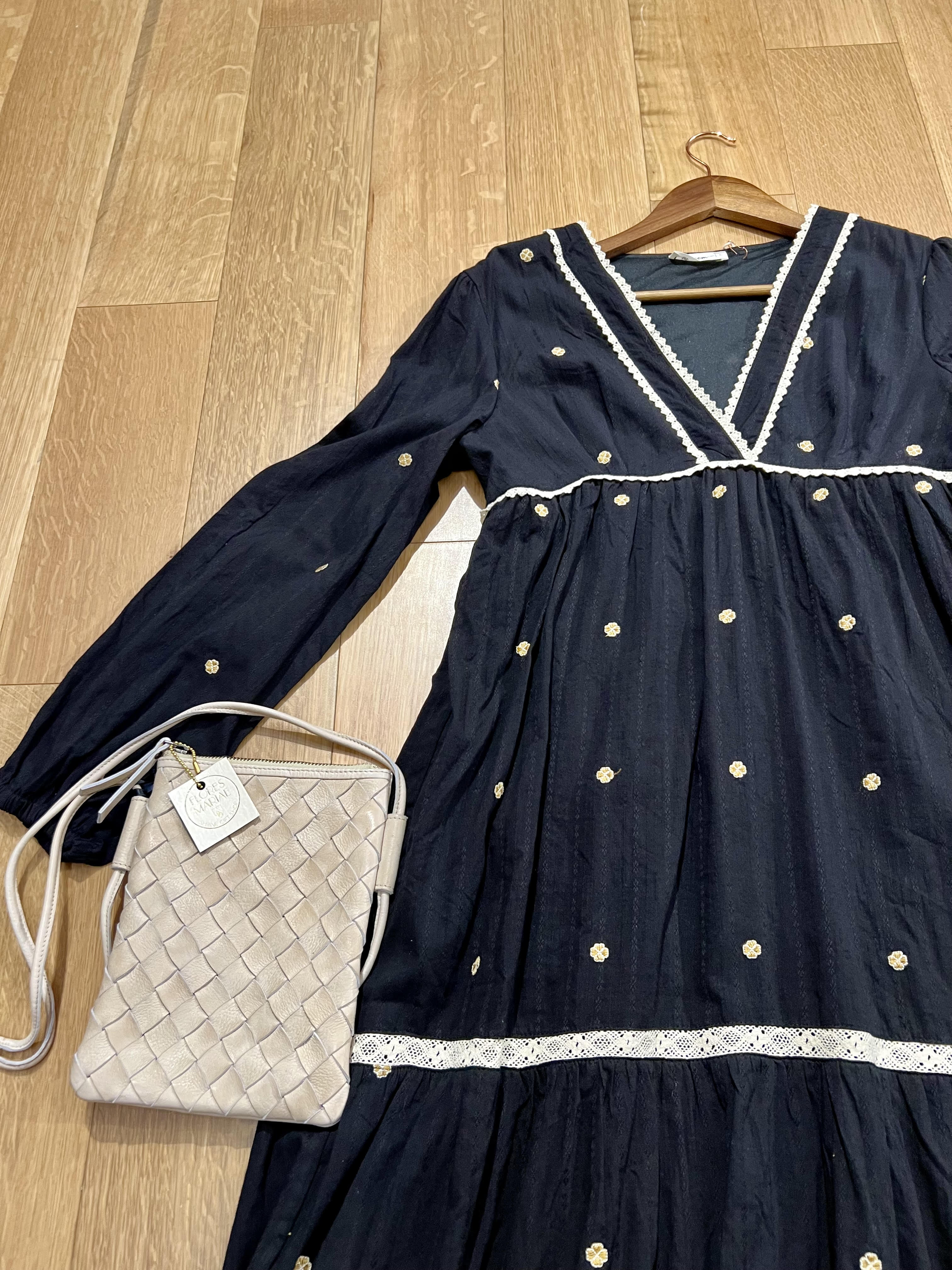 Flower Embroidered Black Midi Dress